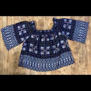 Top- off shoulder, bell sleeve-Navy-Lily White  XL